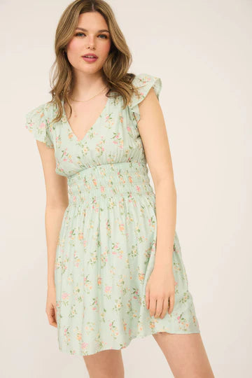 FLORAL SHIRRED MINI DRESS