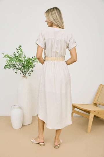 HALF BUTTON BELTED MIDI DRESS