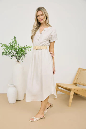HALF BUTTON BELTED MIDI DRESS