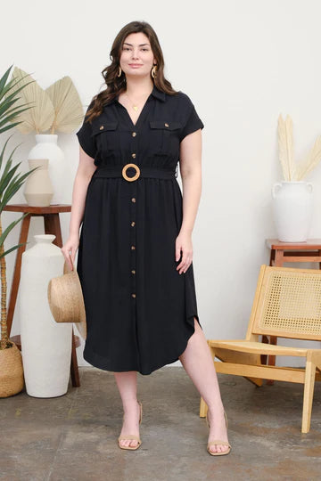 COLLARED BELTED MIDI DRESS