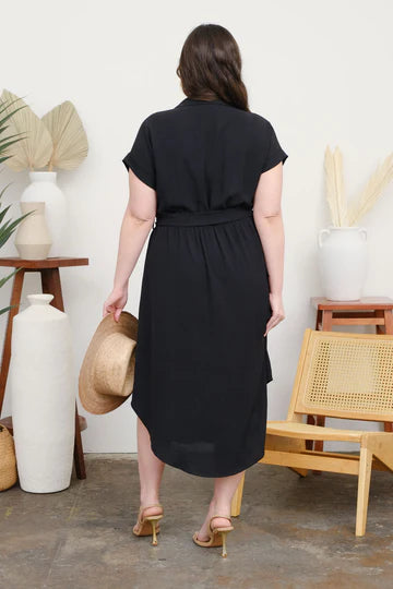 COLLARED BELTED MIDI DRESS