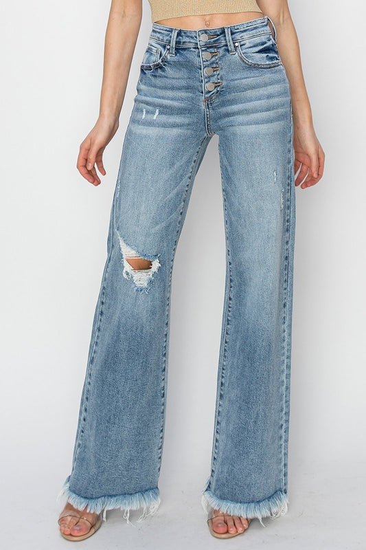 RISEN BUTTON WIDE LEG JEANS