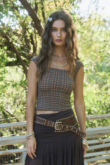 PLAID SHORT SLEEVE KNIT TOP