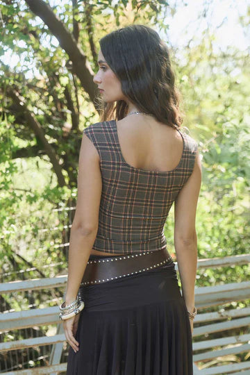 PLAID SHORT SLEEVE KNIT TOP