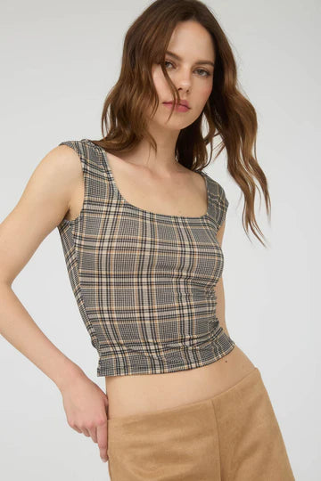 PLAID SHORT SLEEVE KNIT TOP