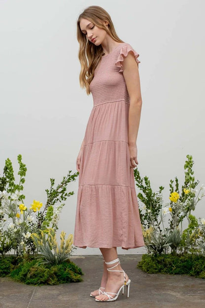 SMOCKED TIERED MIDI DRESS