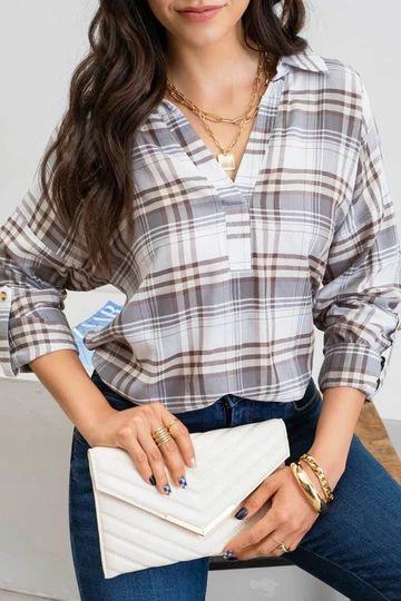 PLAID SPLIT NECK TOP