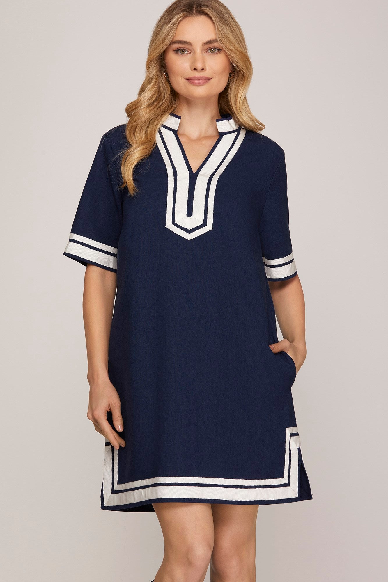 NAVY SPLIT NECK DRESS