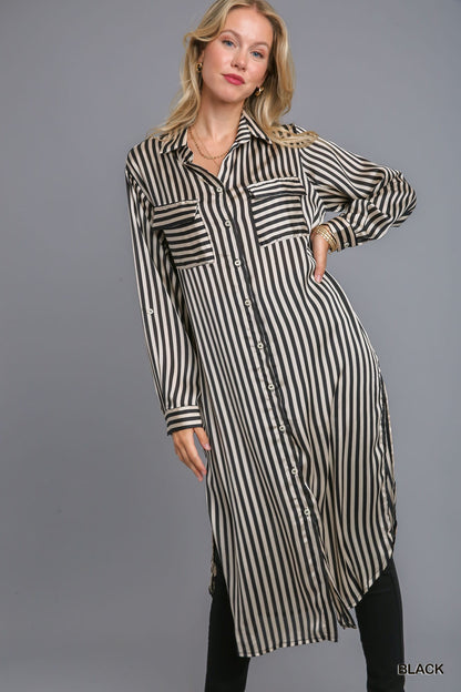Stripped Long Sleeve Midi Dress