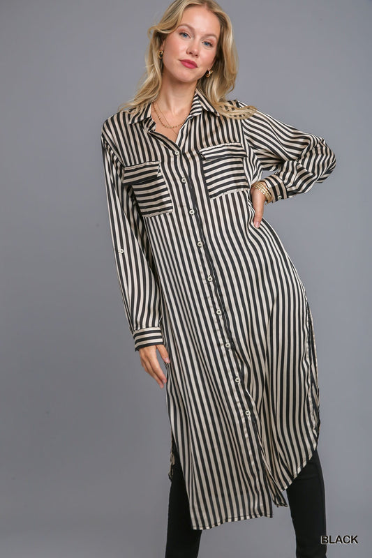 Stripped Long Sleeve Midi Dress