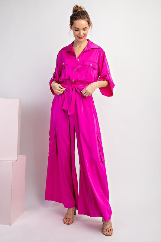 SATIN BUTTON DOWN JUMPSUIT