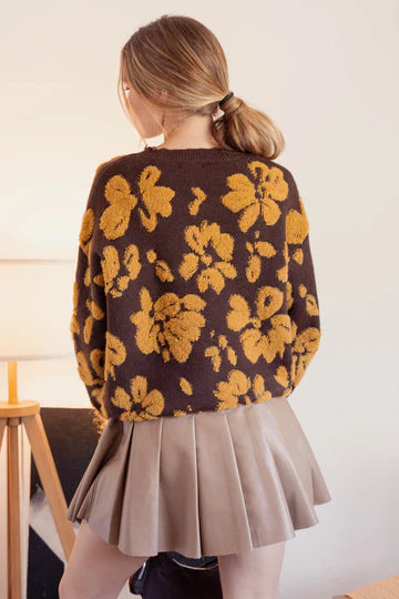 FLORAL DISTRESSED CREWNECK TERRY SWEATER