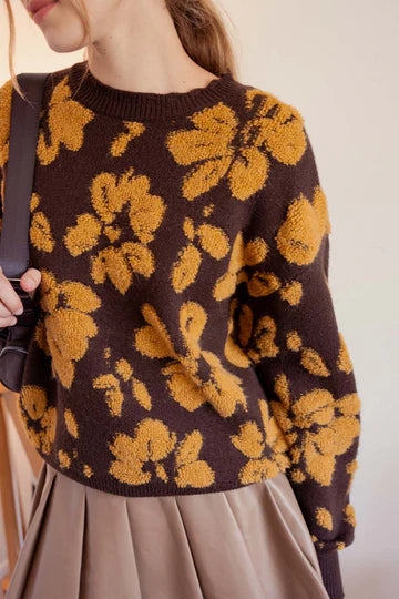 FLORAL DISTRESSED CREWNECK TERRY SWEATER