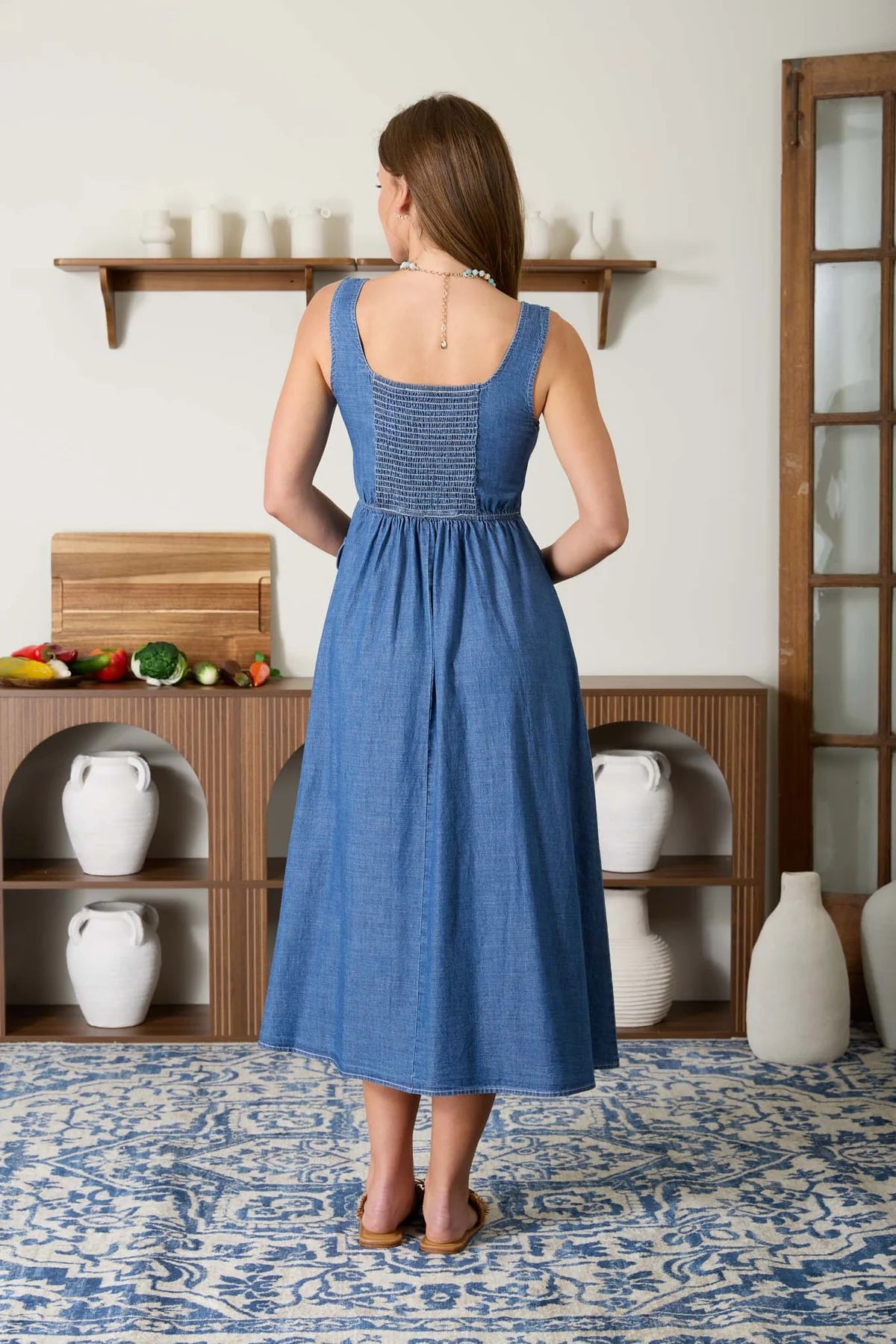 BUTTON DENIM MIDI DRESS