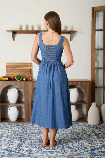 BUTTON DENIM MIDI DRESS