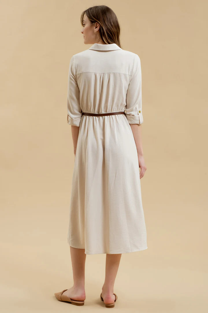 COLLARED 3/4 BELTED MIDI DRESS