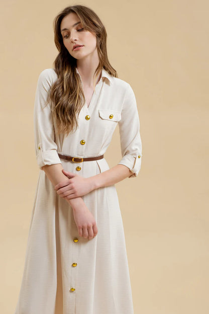 COLLARED 3/4 BELTED MIDI DRESS