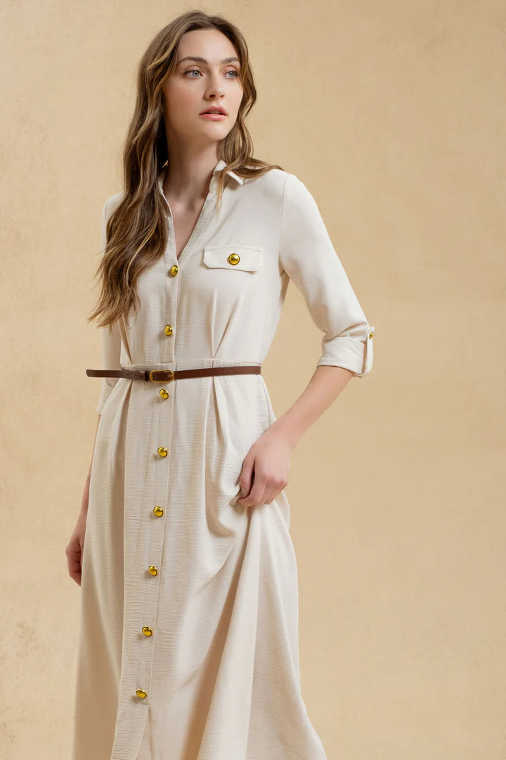 COLLARED 3/4 BELTED MIDI DRESS