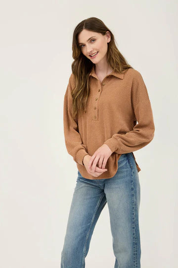 PINSTRIPE COLLARED HALF BUTTON KNIT TOP