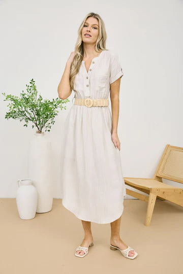 HALF BUTTON BELTED MIDI DRESS