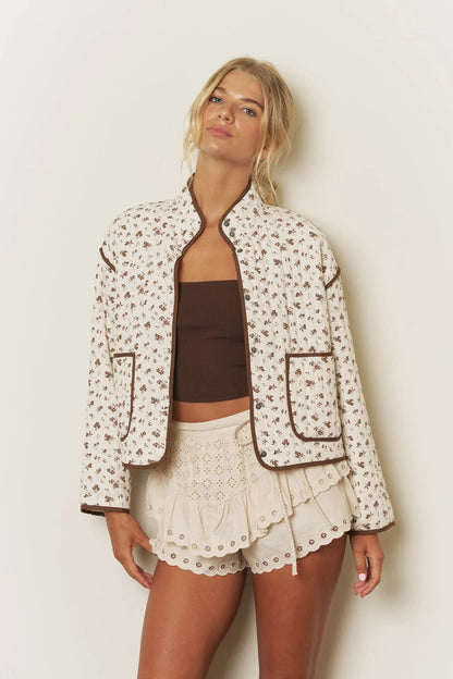FLORAL PRINT SNAP BUTTON QUILTED JACKET