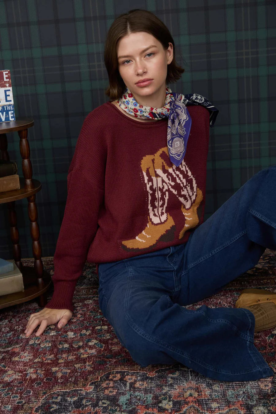 WESTERN BOOT JACQUARD LONG SLEEVE KNIT SWEATER