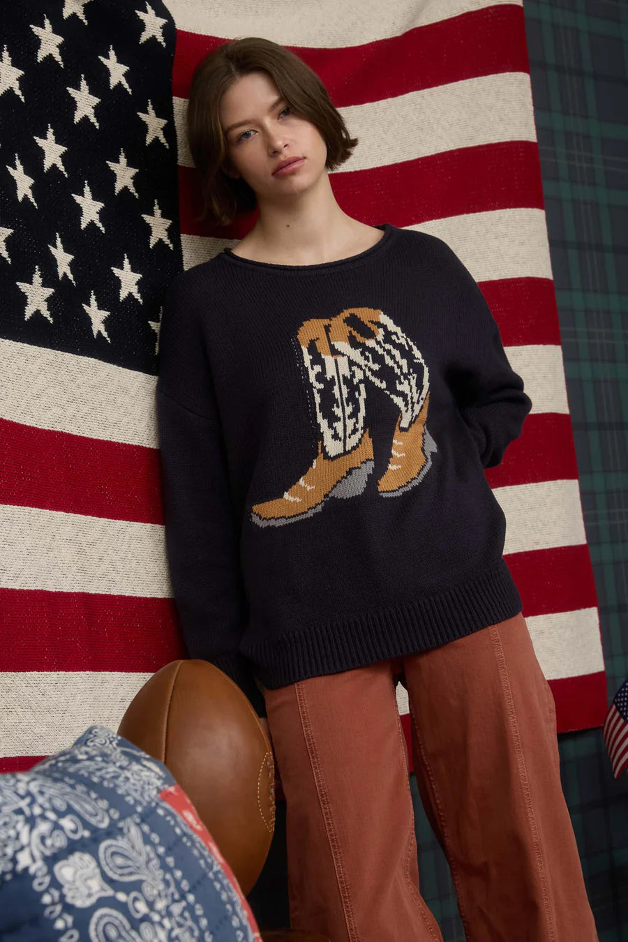 WESTERN BOOT JACQUARD LONG SLEEVE KNIT SWEATER