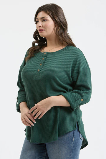 TAB SLEEVE HENLEY KNIT TOP