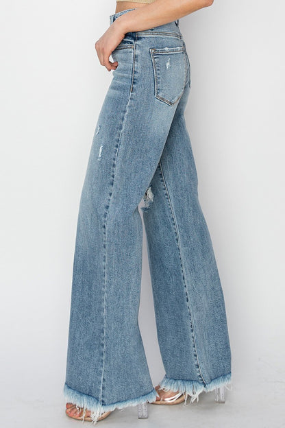 RISEN BUTTON WIDE LEG JEANS