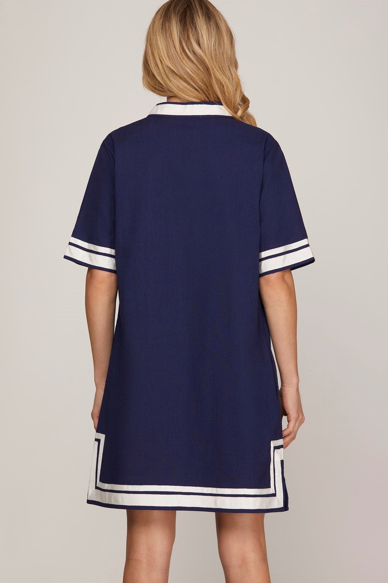 NAVY SPLIT NECK DRESS