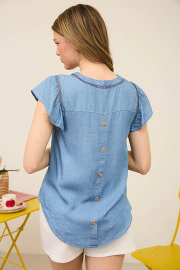 V NECK LACE TRIM BACK BUTTON TOP