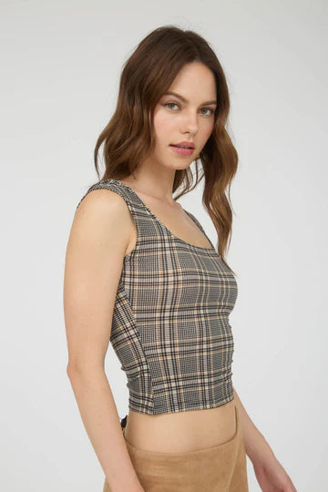 PLAID SHORT SLEEVE KNIT TOP
