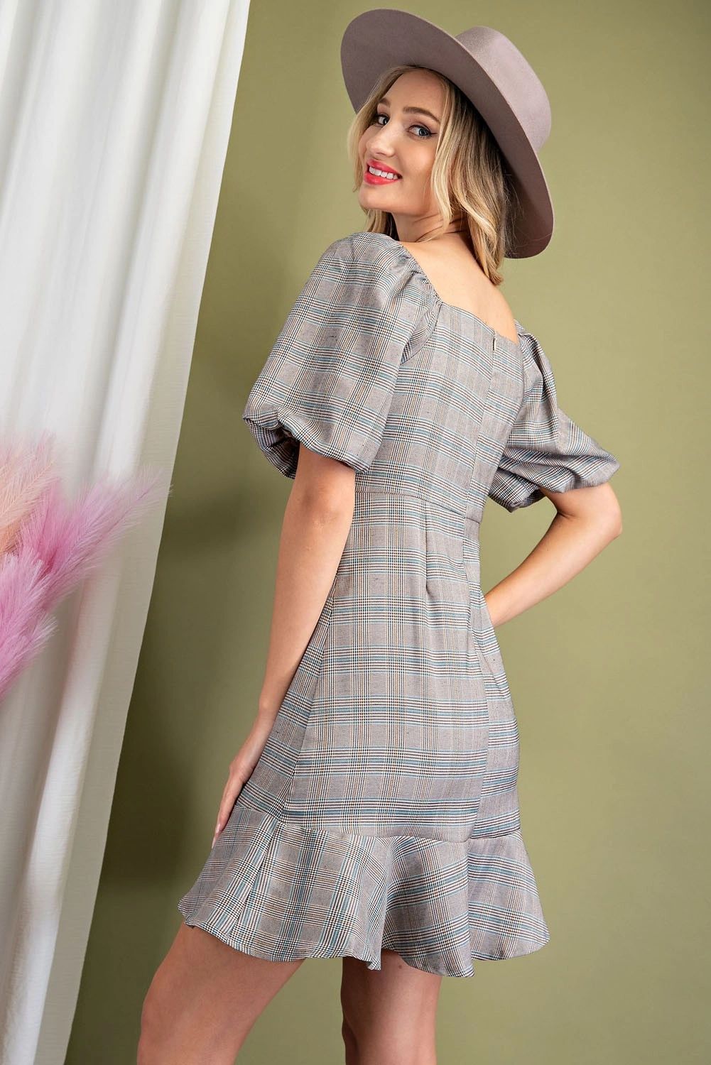 PLAID SQUARE NECK DRESS