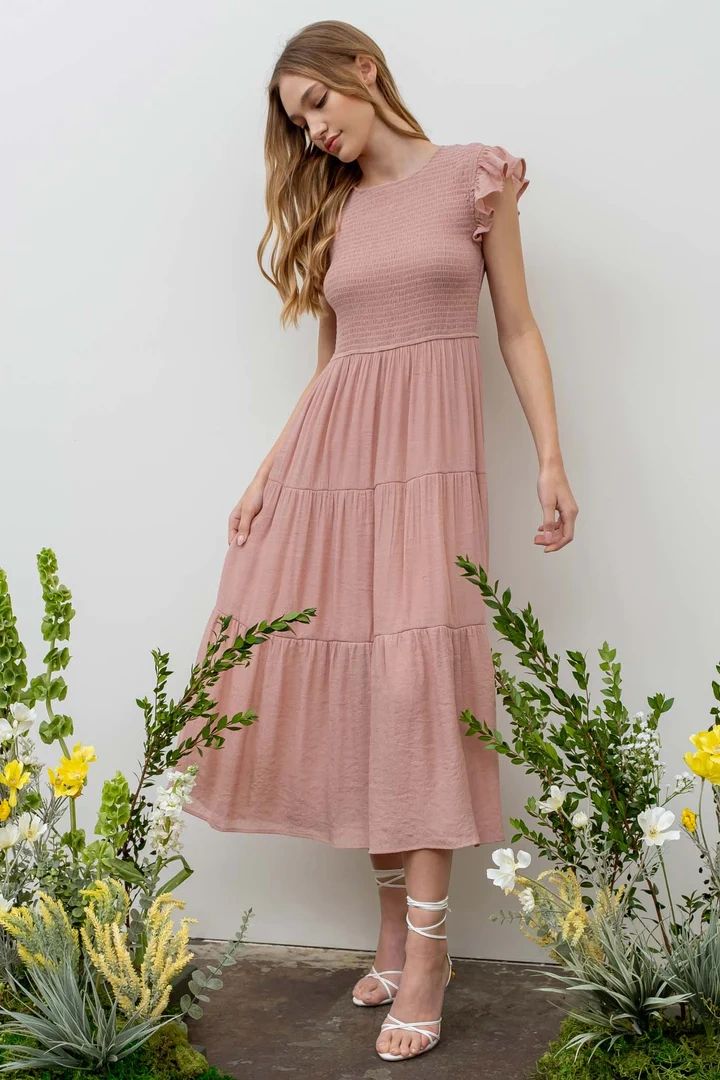 SMOCKED TIERED MIDI DRESS